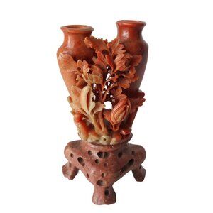 Vintage Red Chinese Soapstone Carved Double Vase
